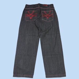 Evolution In Design Mens Baggy Jeans Dark Wash Red Contrast Stitch 40x34 Y2K